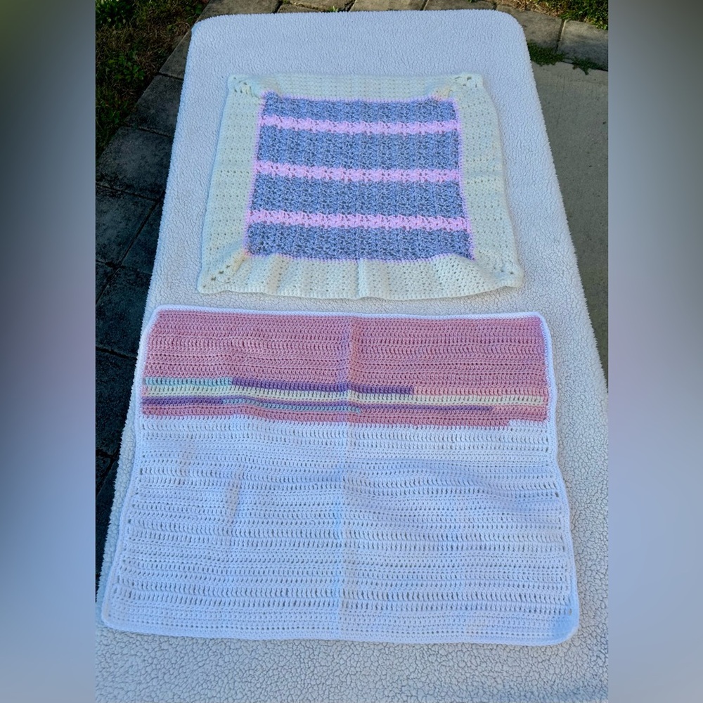 2 Beautifully Hand crocheted Baby blankets Pink White Yellow